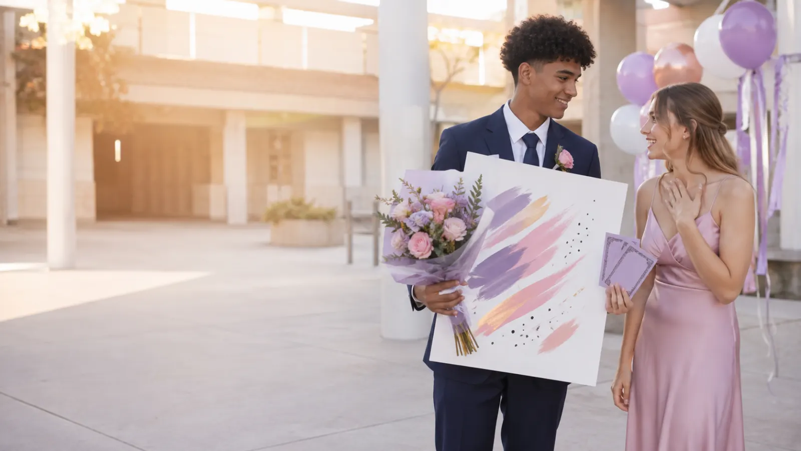 Teenage couple sharing a promposal with flowers and a handmade poster in a sunny school courtyard.