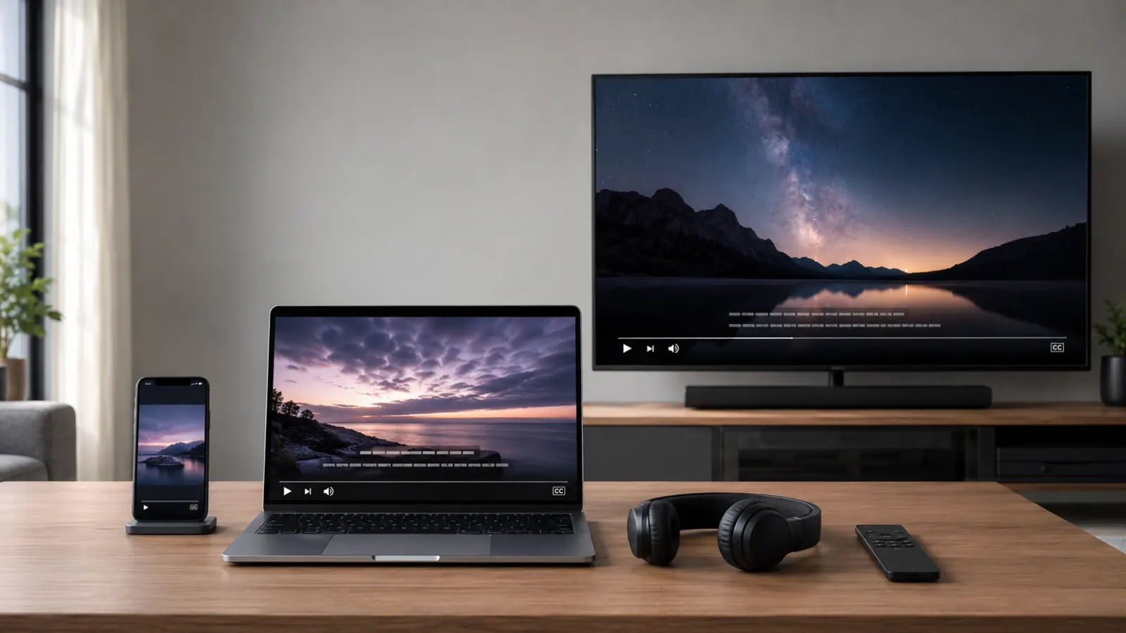 Smart TV, laptop, and smartphone displaying videos with closed captions in a modern media workspace.
