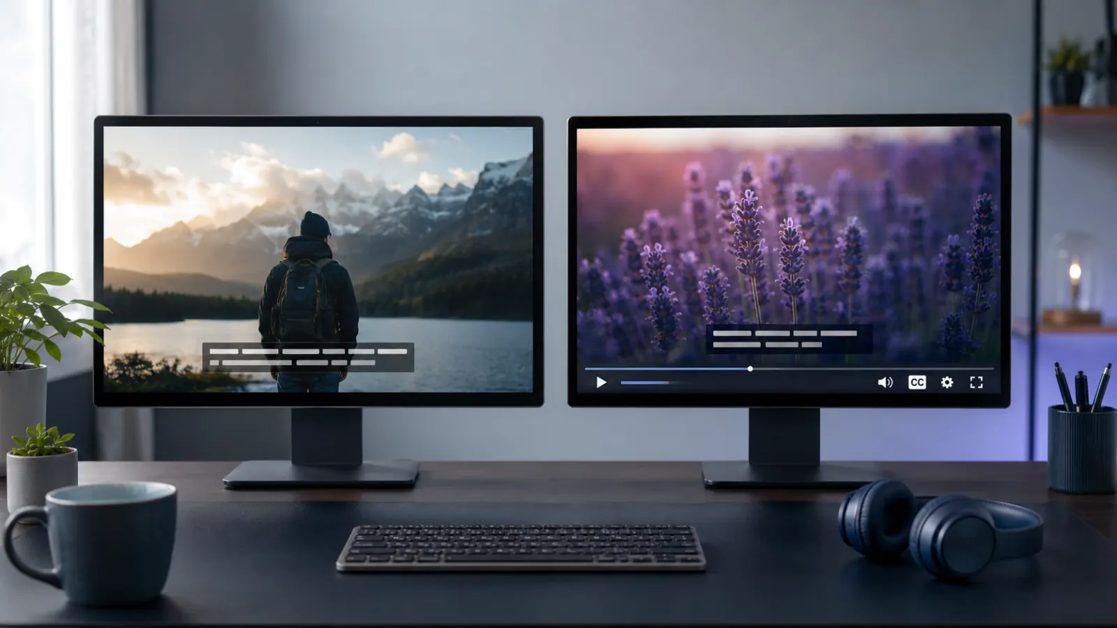 Two side-by-side monitors comparing open captions and closed captions in a modern media workspace.