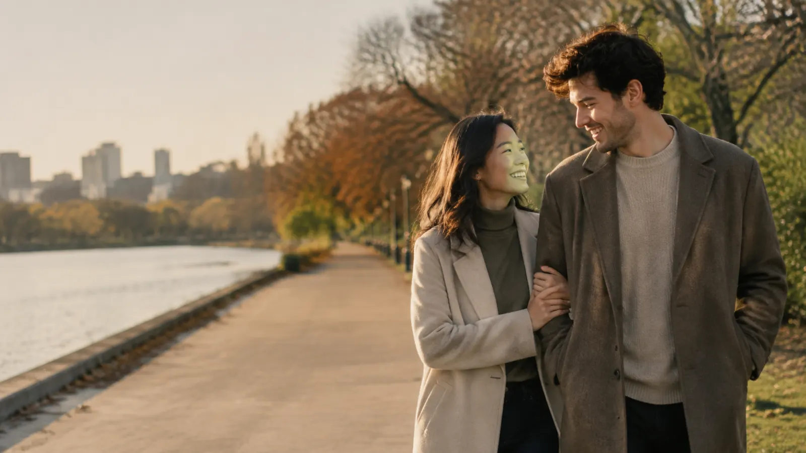 Happy couple walking together beside a lake during golden hour for a love captions article.
