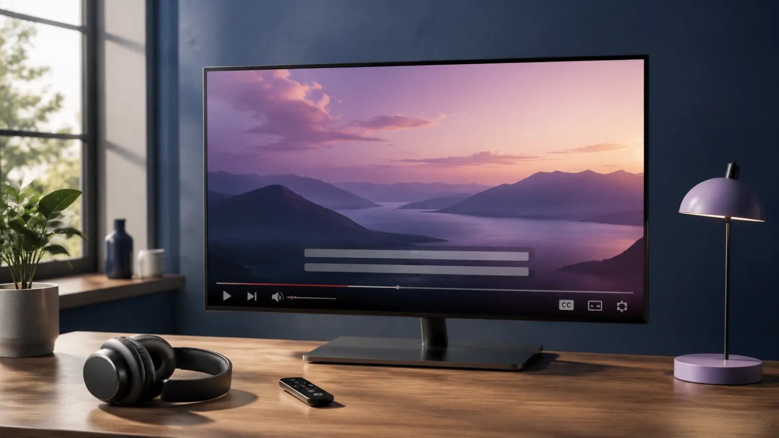 Modern video screen displaying two closed-caption lines and a CC control, with headphones and a remote on a tidy home media desk.