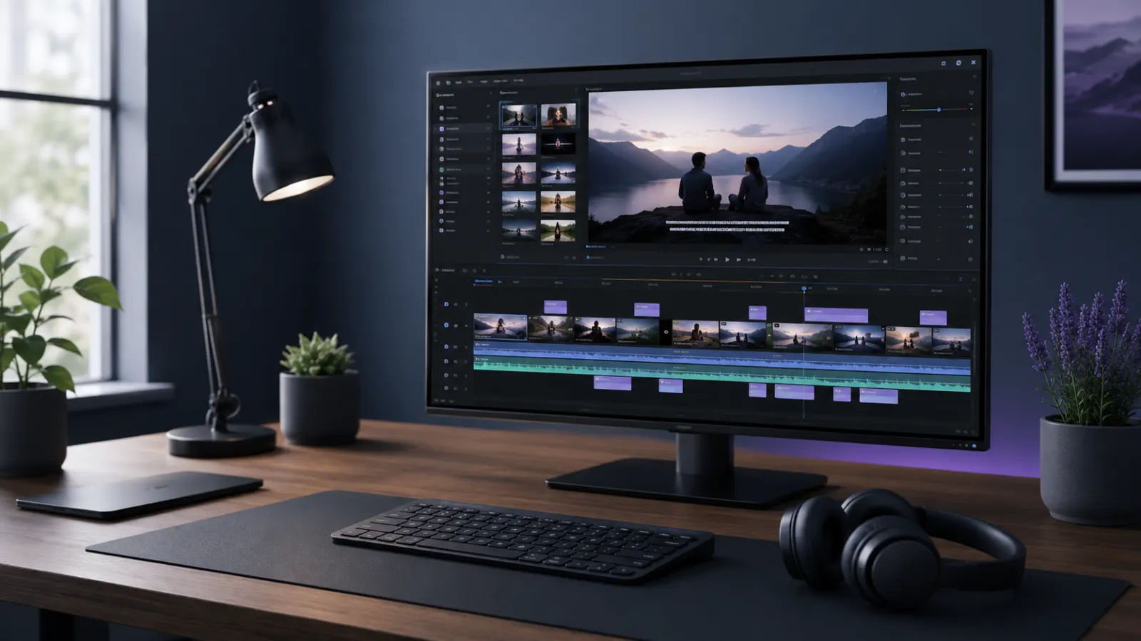 Modern video editing workspace with a widescreen monitor displaying a generic timeline, subtitle clips, and captioned video.