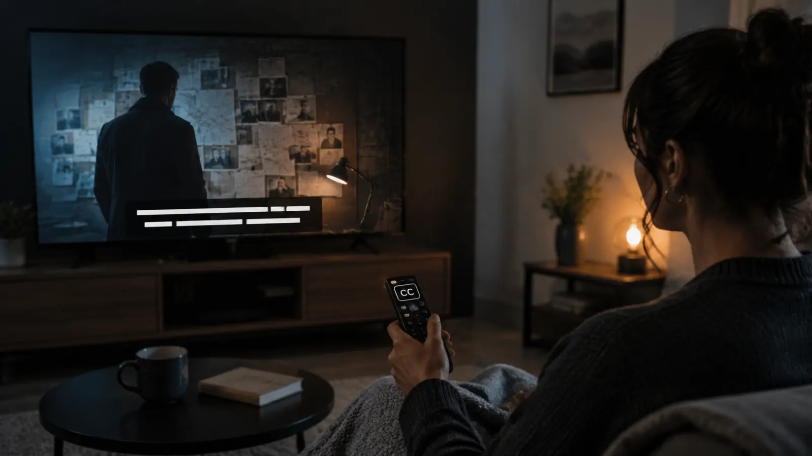 Woman watching an investigative thriller with closed captions on a living room television