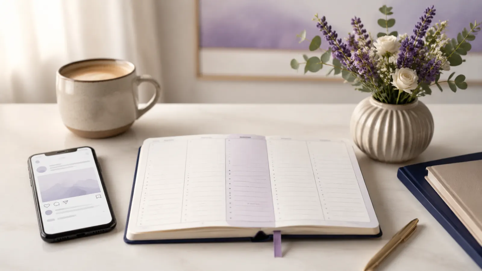 Open weekly planner, smartphone, coffee, and lavender flowers arranged on a bright desk for a Wednesday captions article.