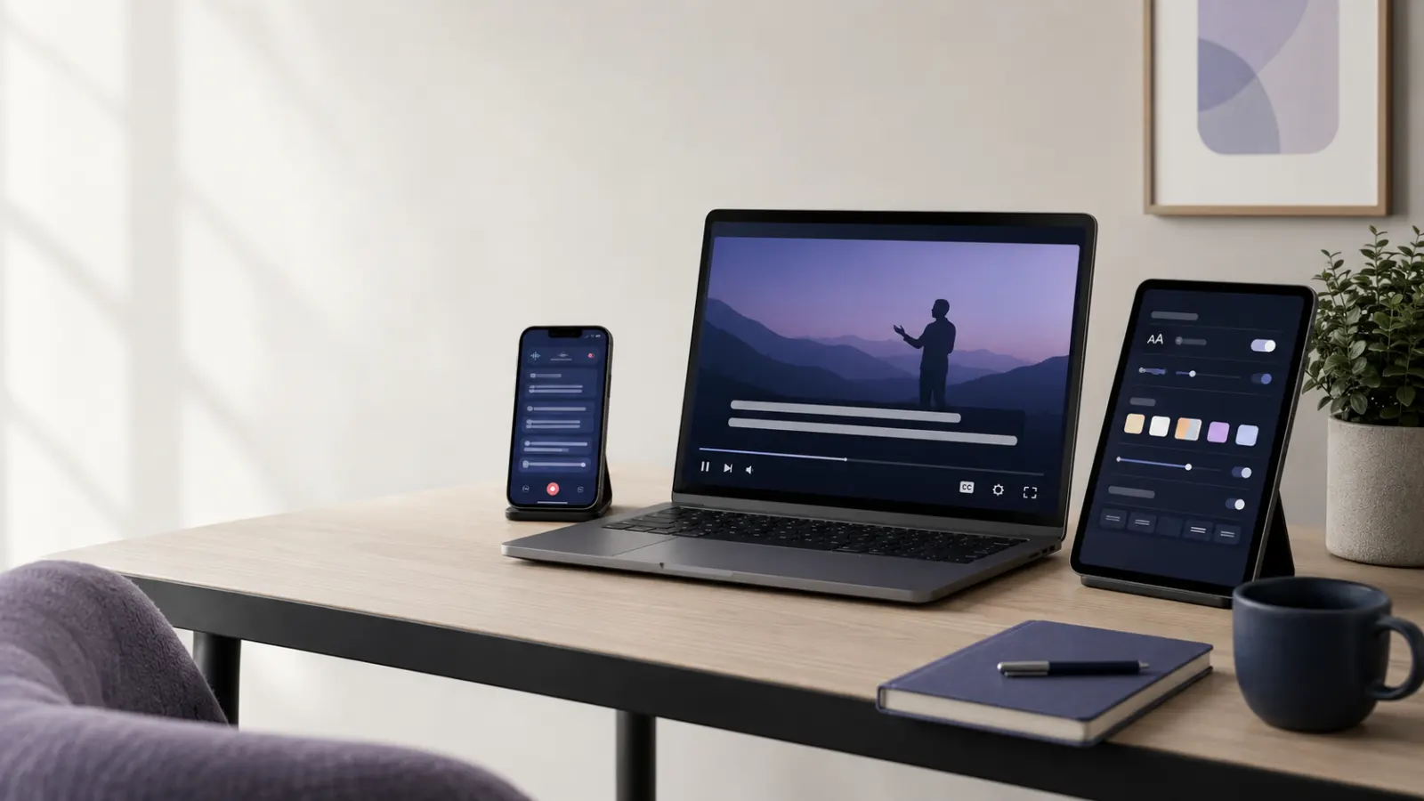 Modern smartphone, tablet, and laptop displaying live transcription, caption settings, and closed captions in an accessible workspace.
