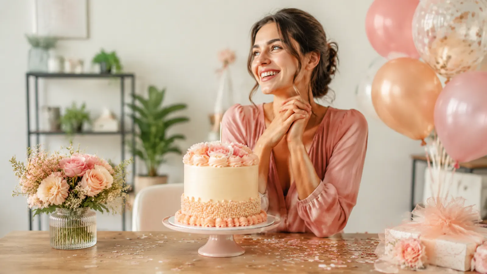 Smiling woman celebrating beside a pink birthday cake, flowers, and pastel balloons.