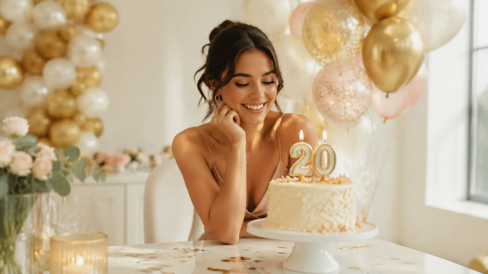 Alt text: Young woman celebrating her 20th birthday beside an elegant cake and gold balloons.