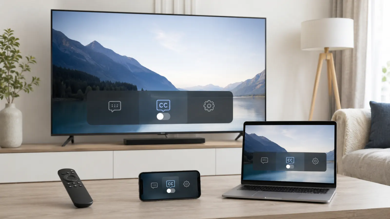Modern smart TV, smartphone, laptop, and streaming remote showing the option to turn closed captioning off.