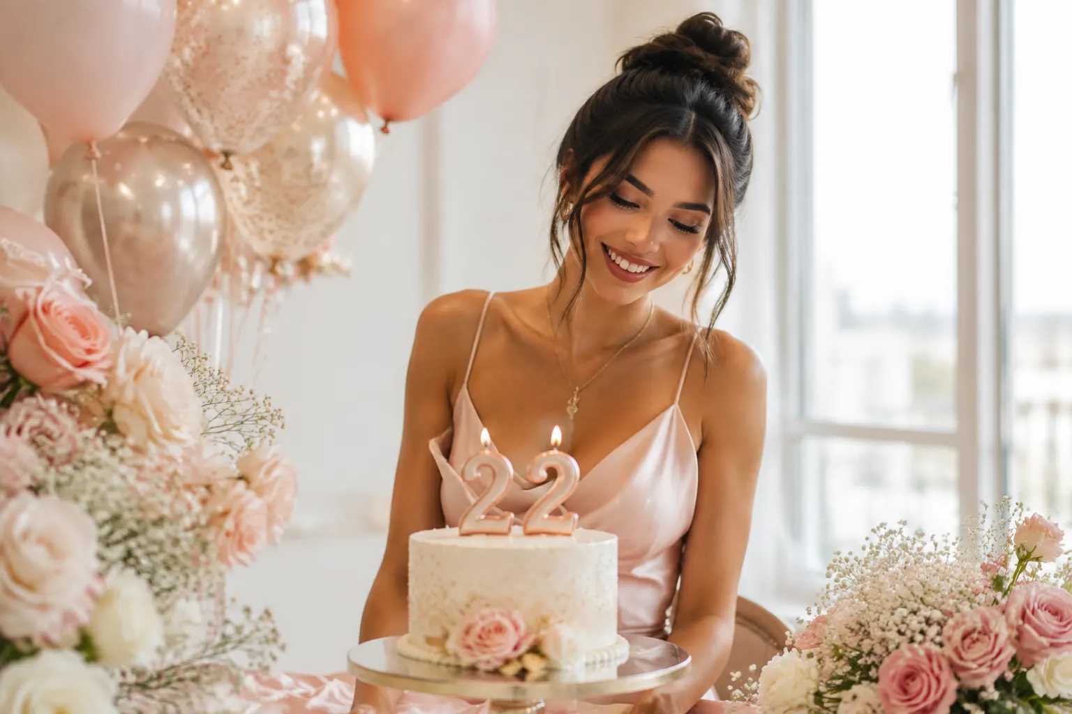 Young woman celebrating her 22nd birthday with a floral cake, pink balloons, and elegant decorations.