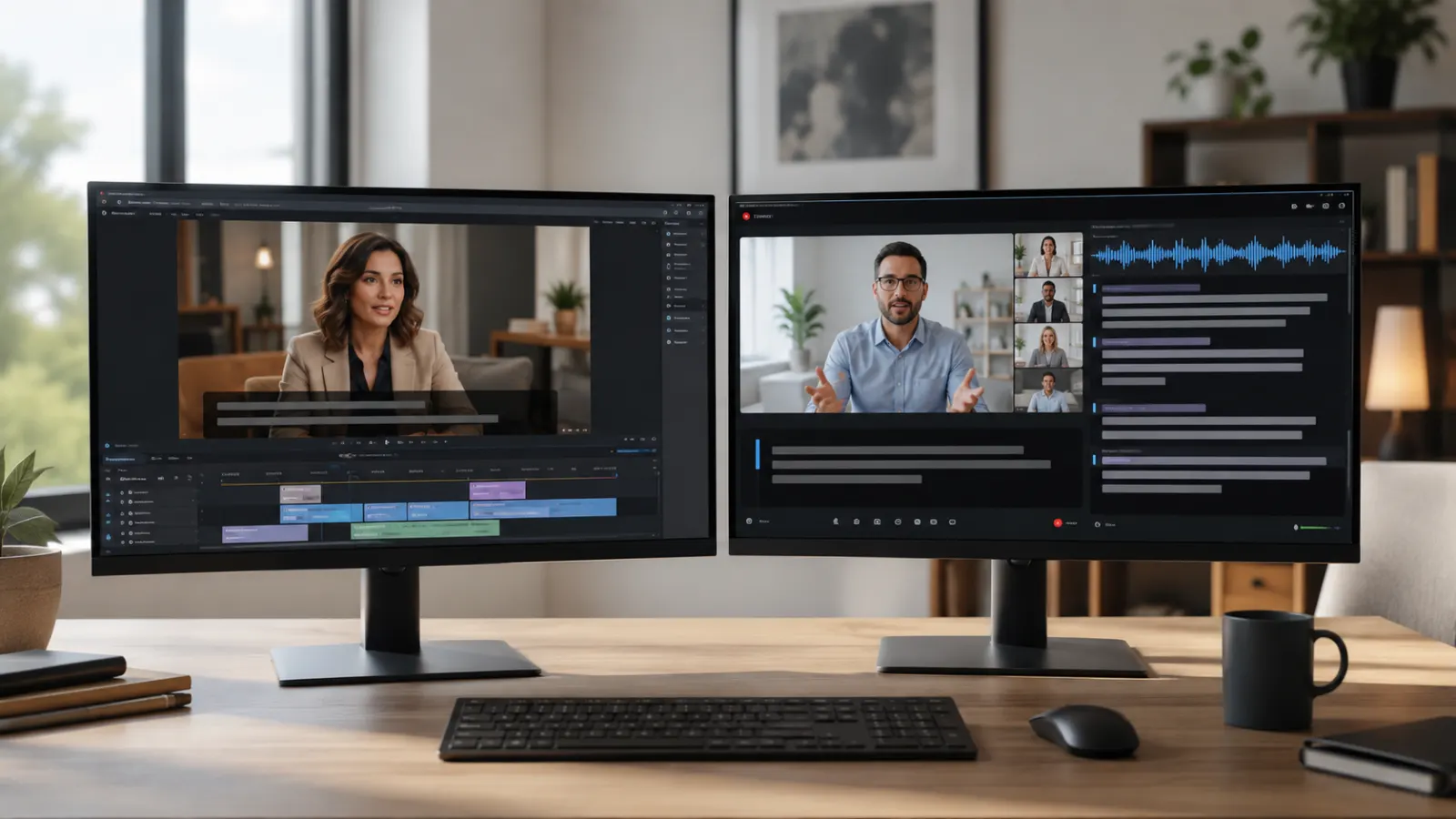 Dual-monitor workspace showing prerecorded video editing and live webinar captioning with audio waveforms and timed caption tracks.
