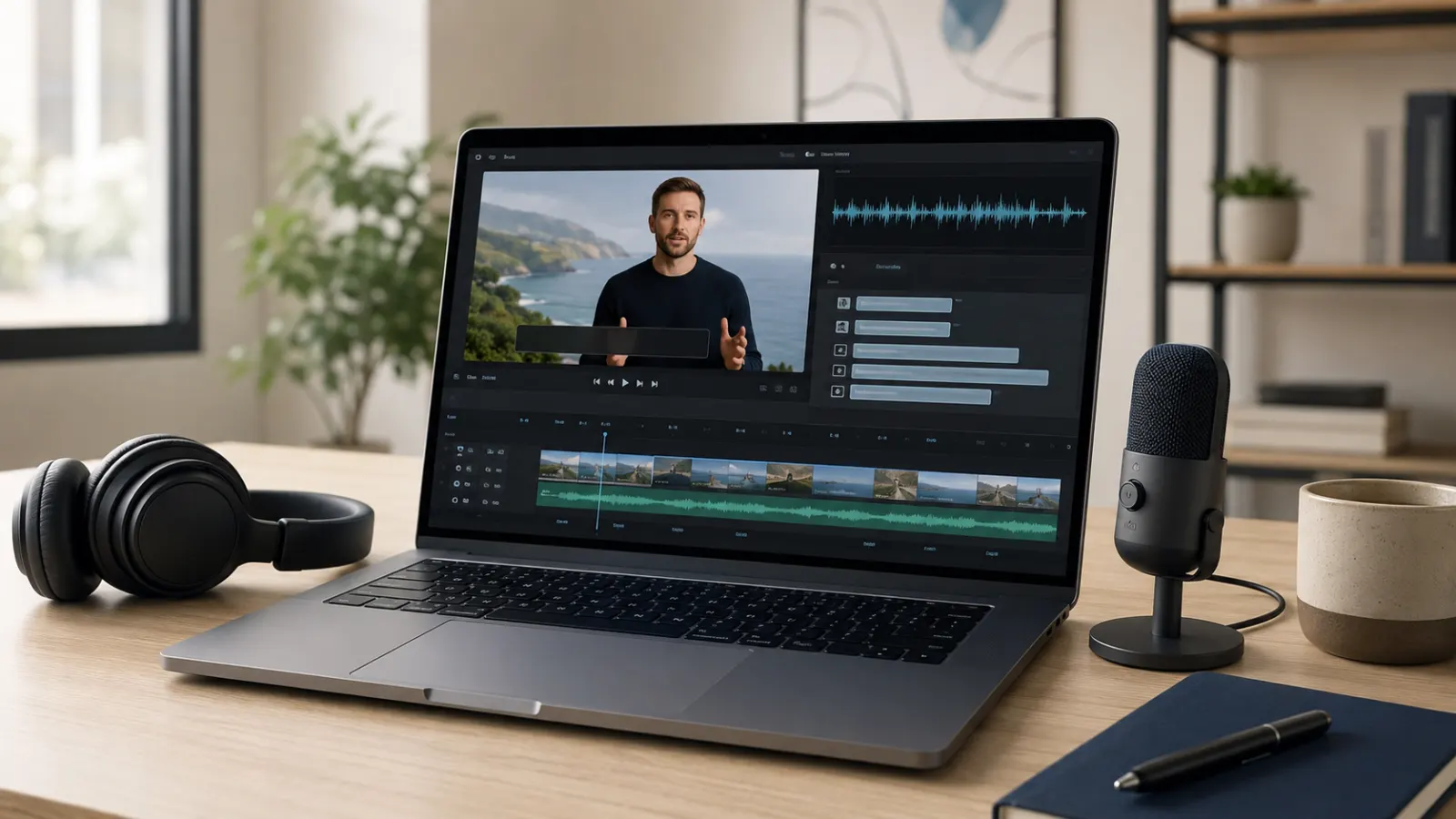 Laptop displaying video editing software with an audio waveform, timeline, and caption blocks on a modern desk.
