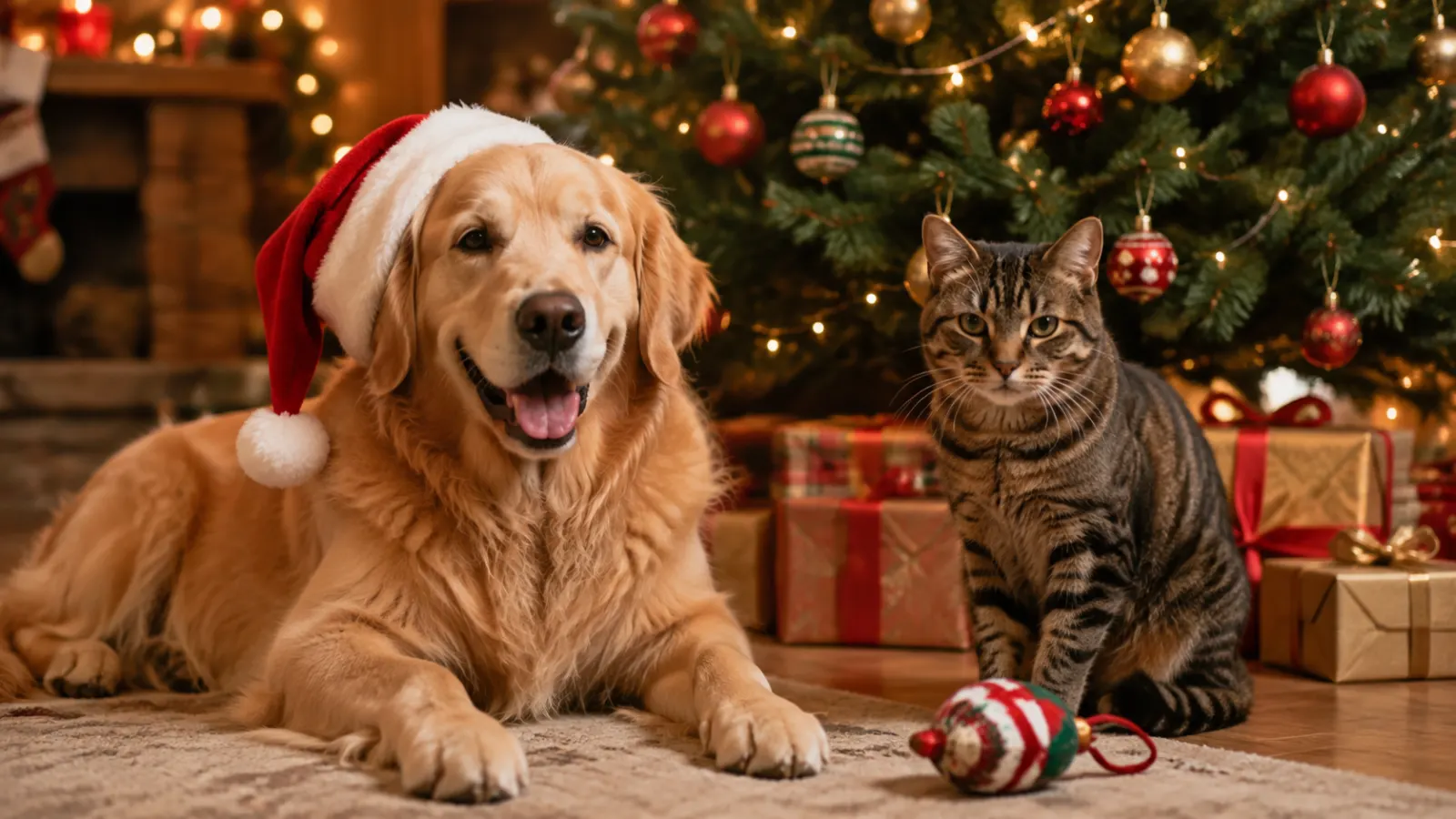 Golden retriever wearing a Santa hat beside a tabby cat and fallen ornament near a Christmas tree. Edit