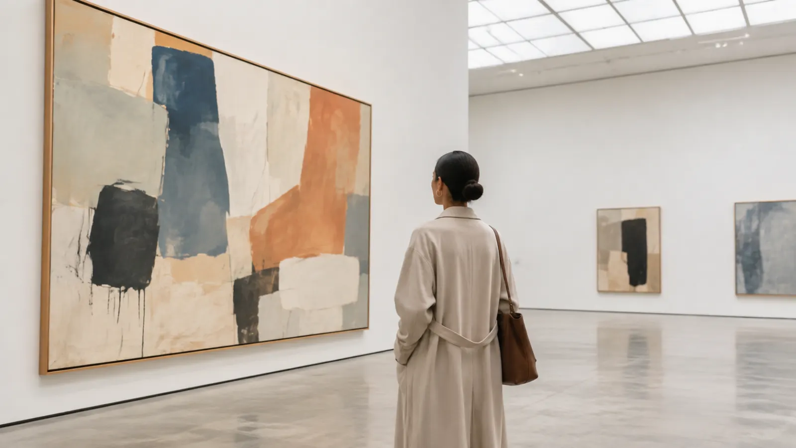 Woman viewing a large abstract painting inside a spacious modern art gallery. Funny Museum Captions