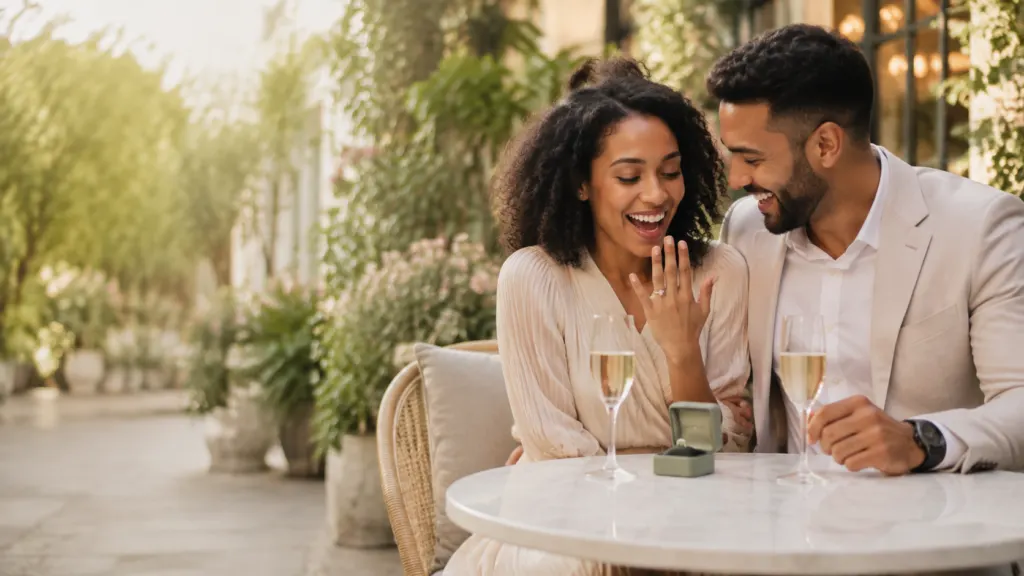 Newly engaged couple laughing at an outdoor café while showing an engagement ring beside champagne glasses.