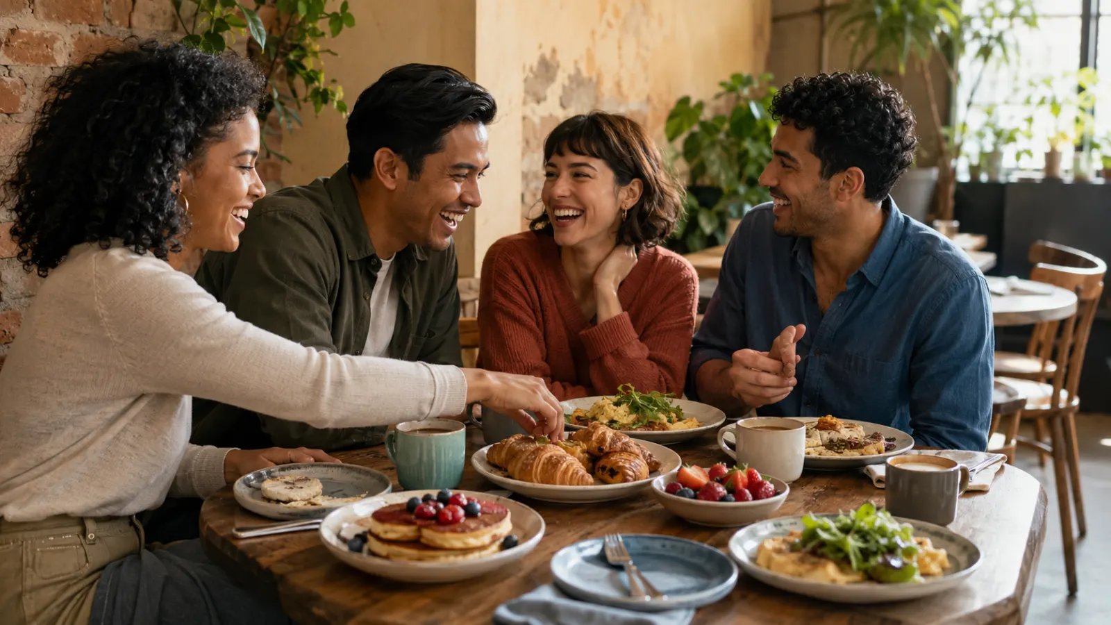 Four friends laugh together over coffee, pastries, pancakes, fruit, and savory dishes during brunch at a warmly lit café.