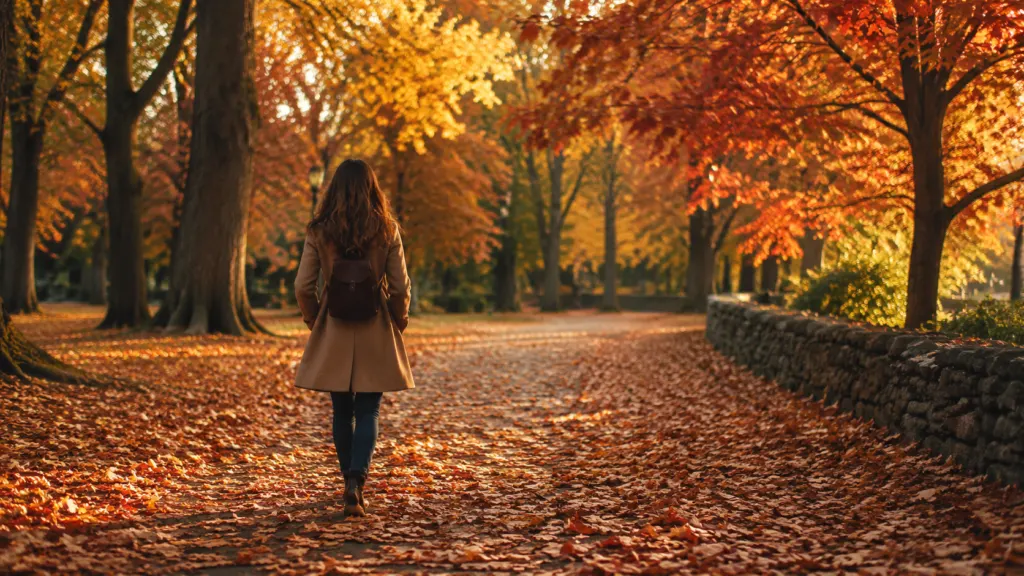 **Alt text:** Woman wearing a cozy cream sweater sits beside a window overlooking golden autumn trees, with a warm drink, candle, and book nearby.