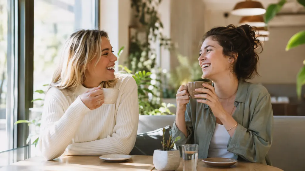 est friends laughing together over coffee in a bright modern café.