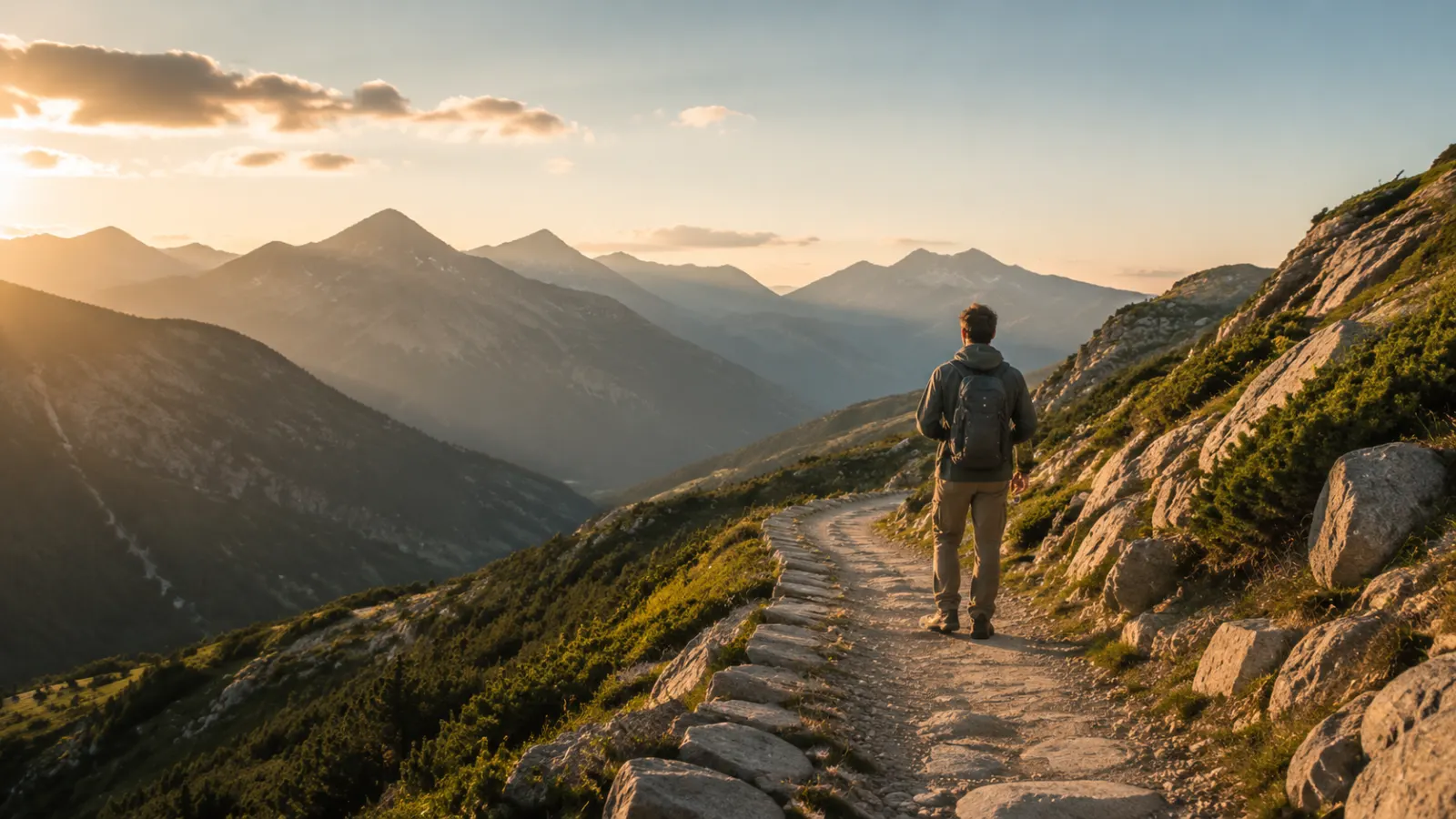 Hiker standing on a winding mountain trail at golden hour, overlooking layered peaks beneath a softly clouded sky.