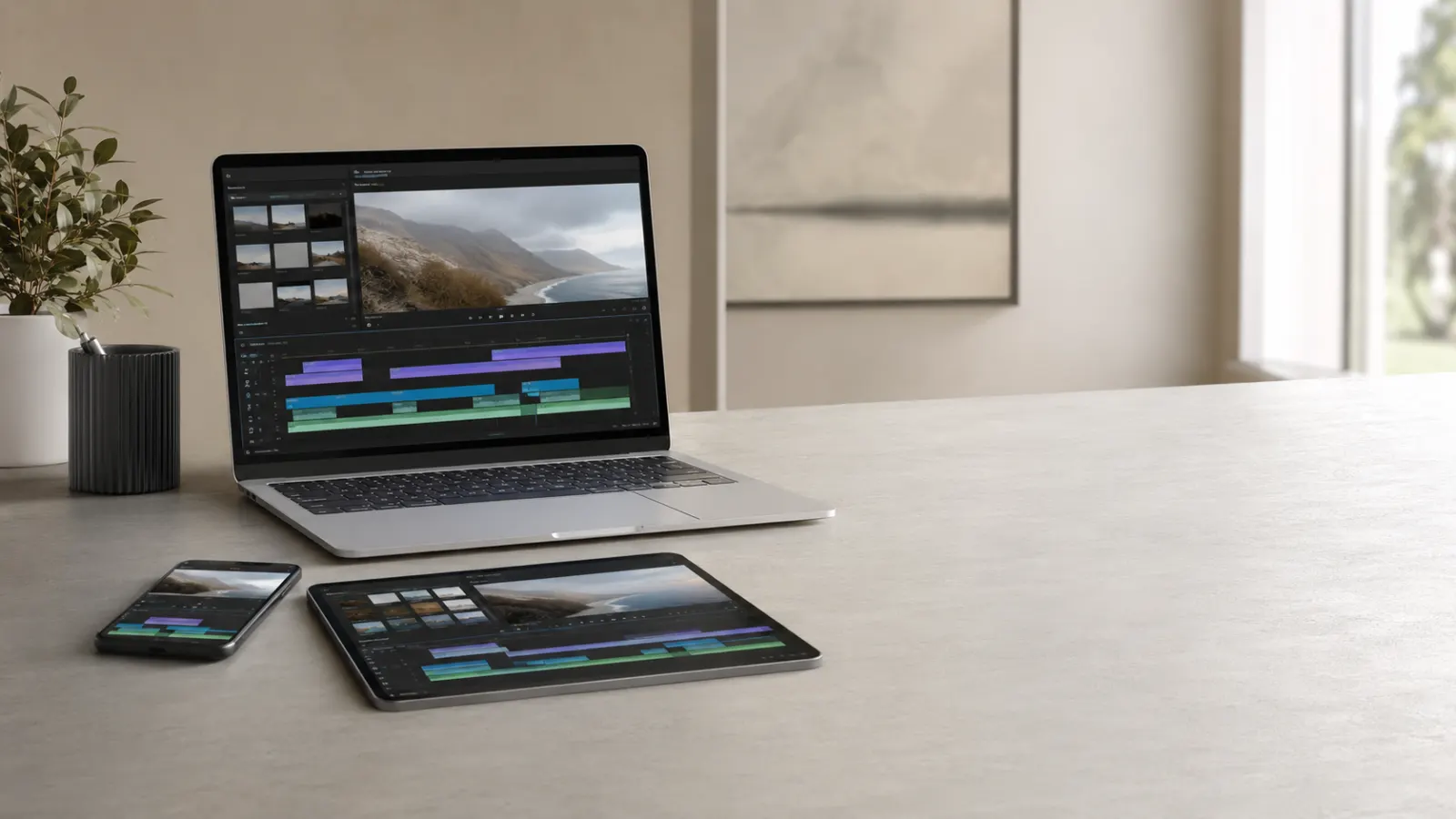 Laptop, smartphone, and tablet displaying video editing timelines with caption layers on a clean modern workspace.