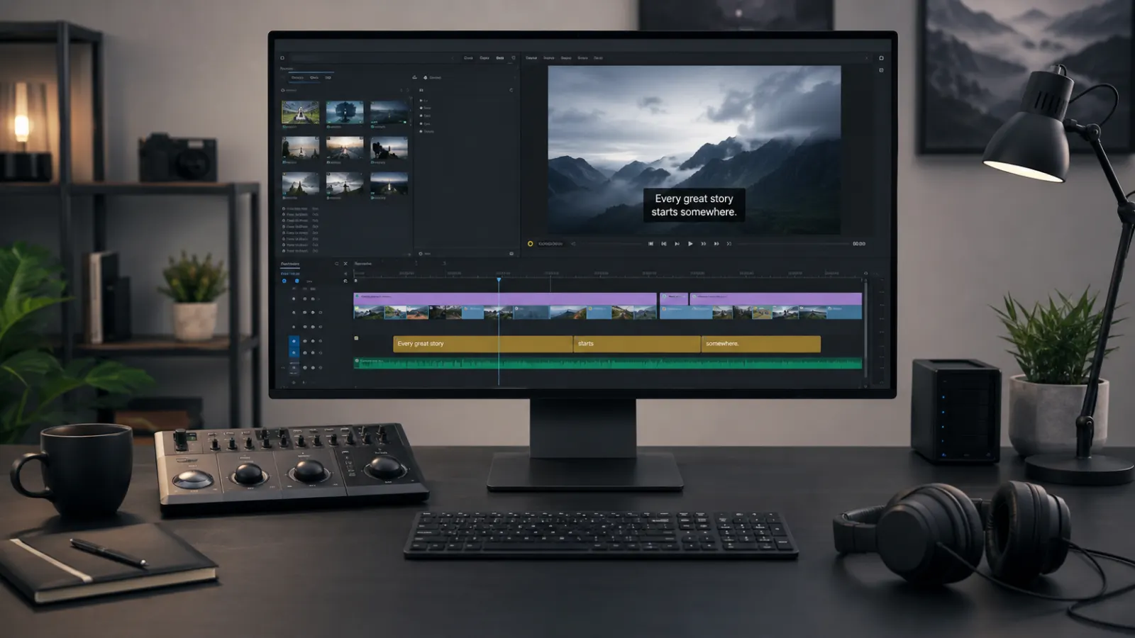 Professional video-editing workspace with a widescreen monitor showing a video timeline, caption track, and subtitles.