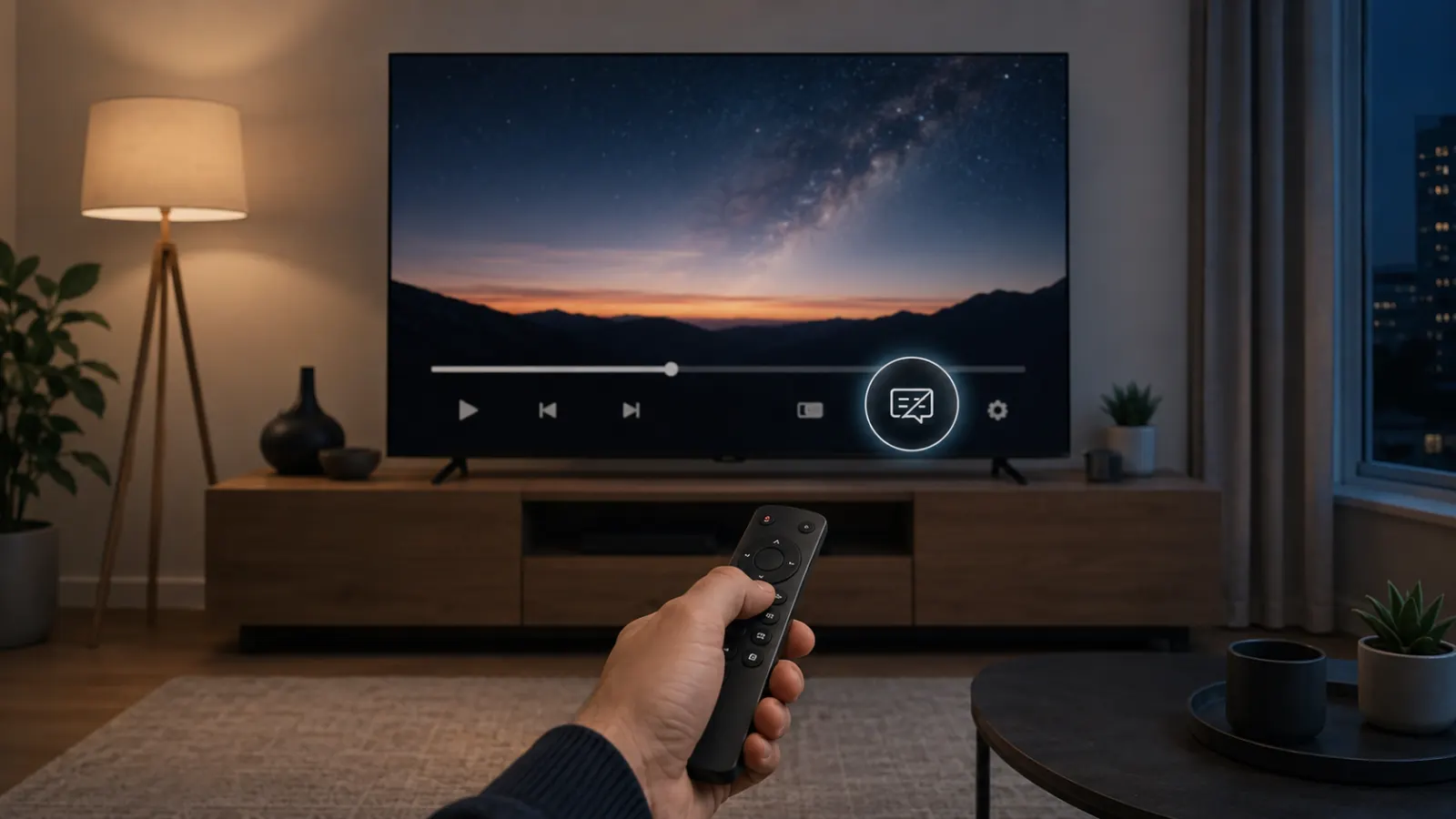 Modern living room TV showing a generic streaming interface with subtitles turned off as a hand holds a remote.