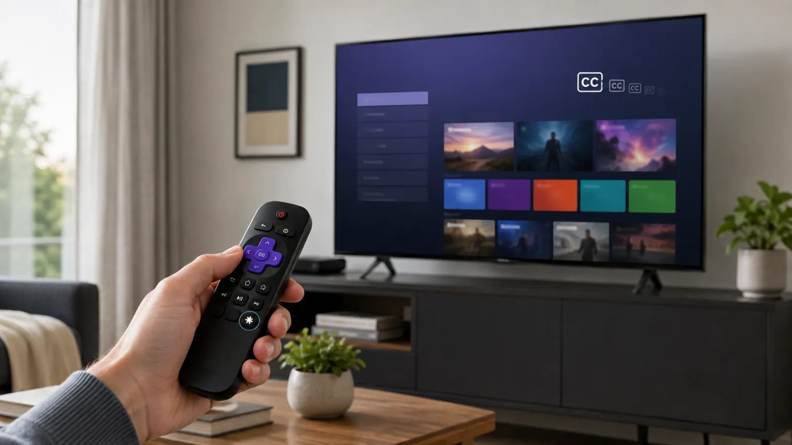 Hand holding a streaming remote with the Star button visible as closed captions fade from a modern television screen.