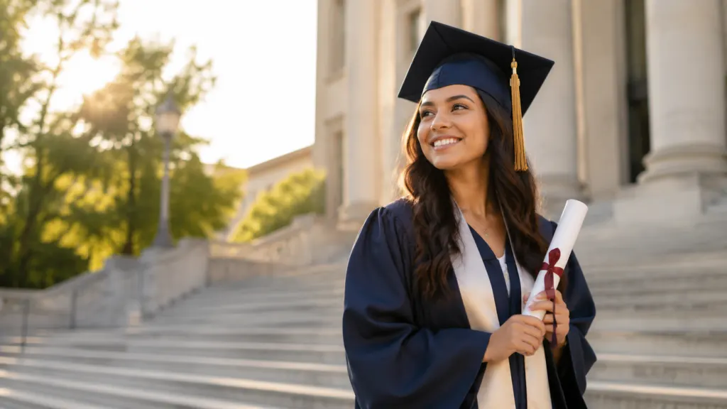 Proud university graduate holding a diploma on campus steps in warm golden light.