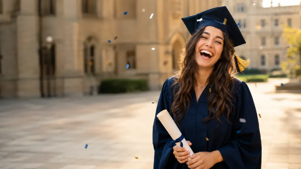 Laughing graduate in a navy cap and gown holding a diploma as confetti falls in a university courtyard.