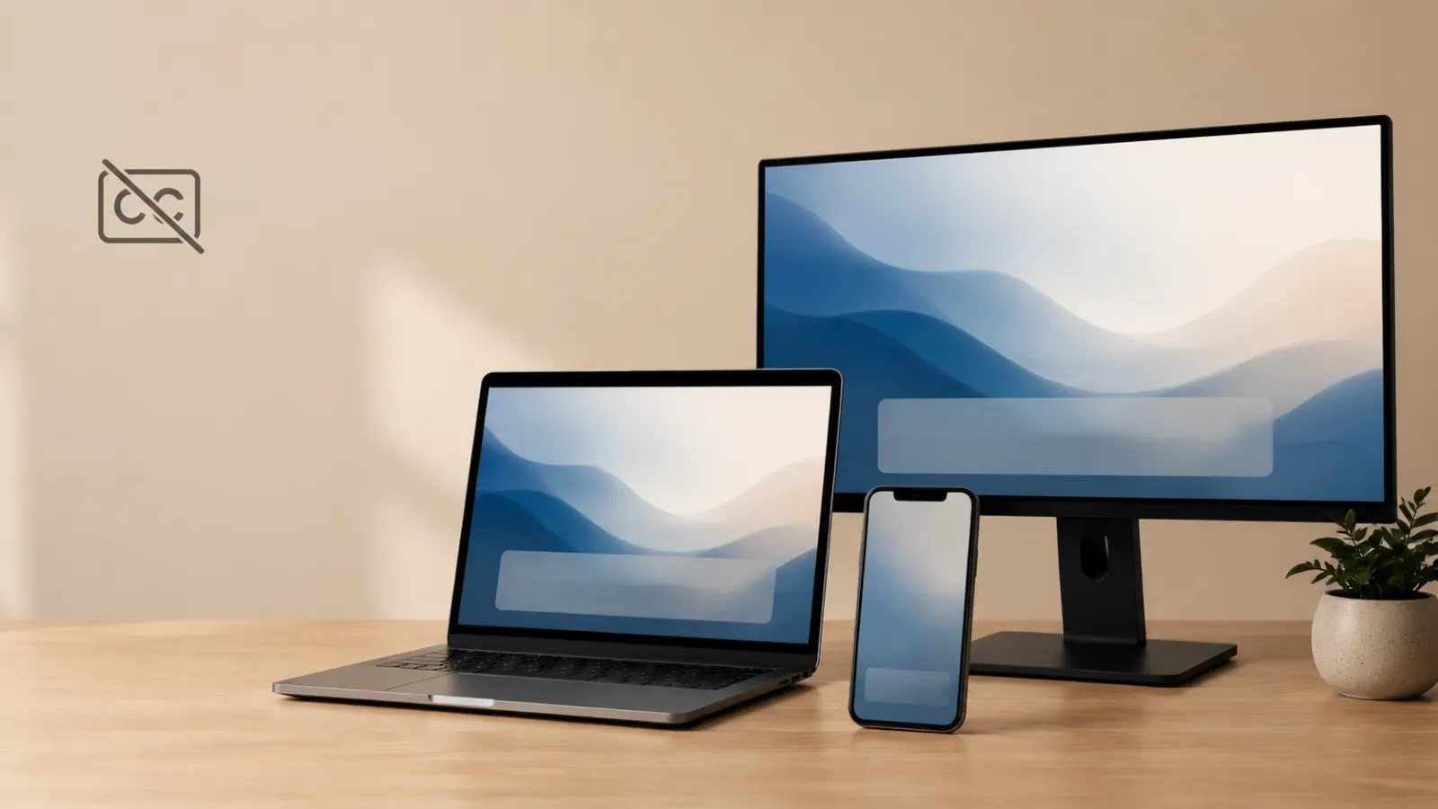 Modern smartphone, laptop, and desktop monitor displaying fading caption boxes beside a captions-off icon on a minimal desk.