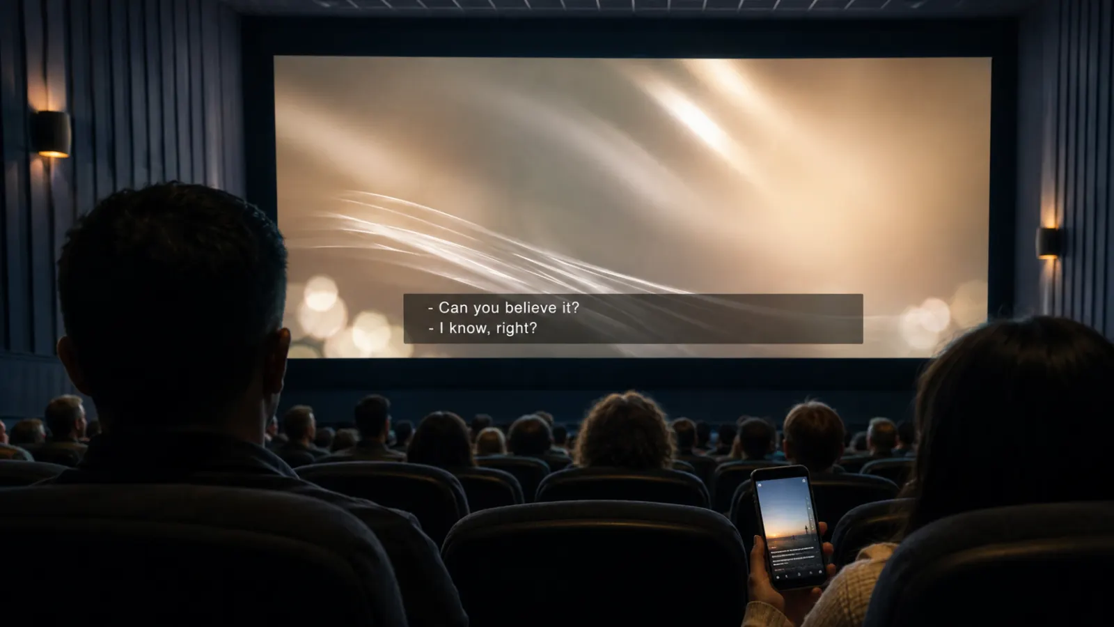 Modern cinema screen displaying open captions, with an audience viewed from behind and a smartphone playing a captioned social video.