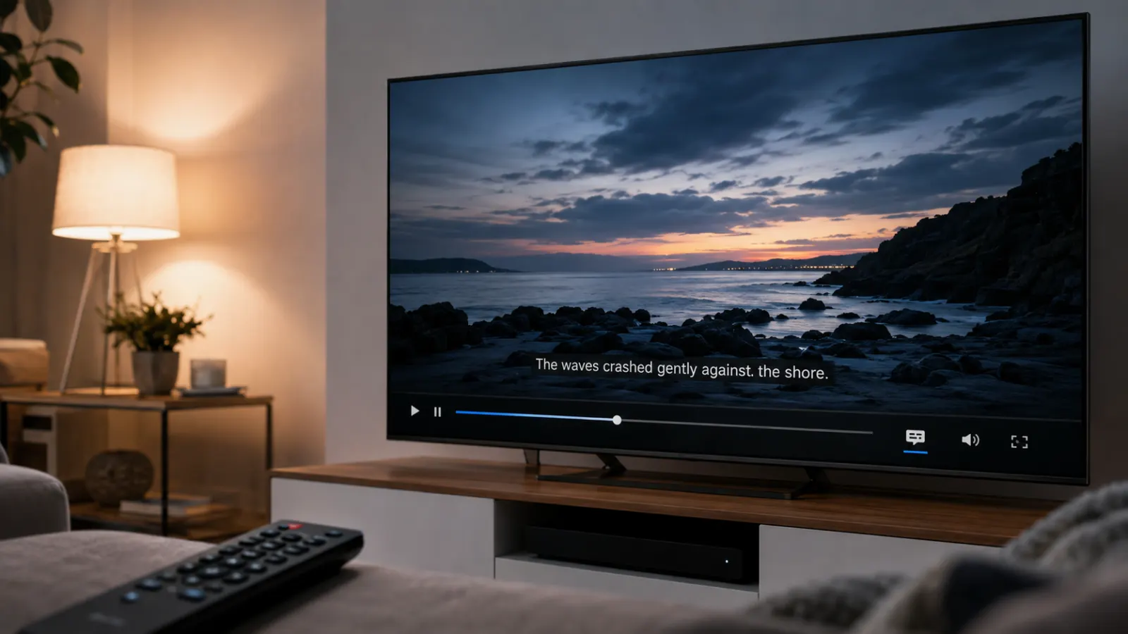 Modern television showing closed captions on a generic streaming video, with a remote control in a softly lit living room.