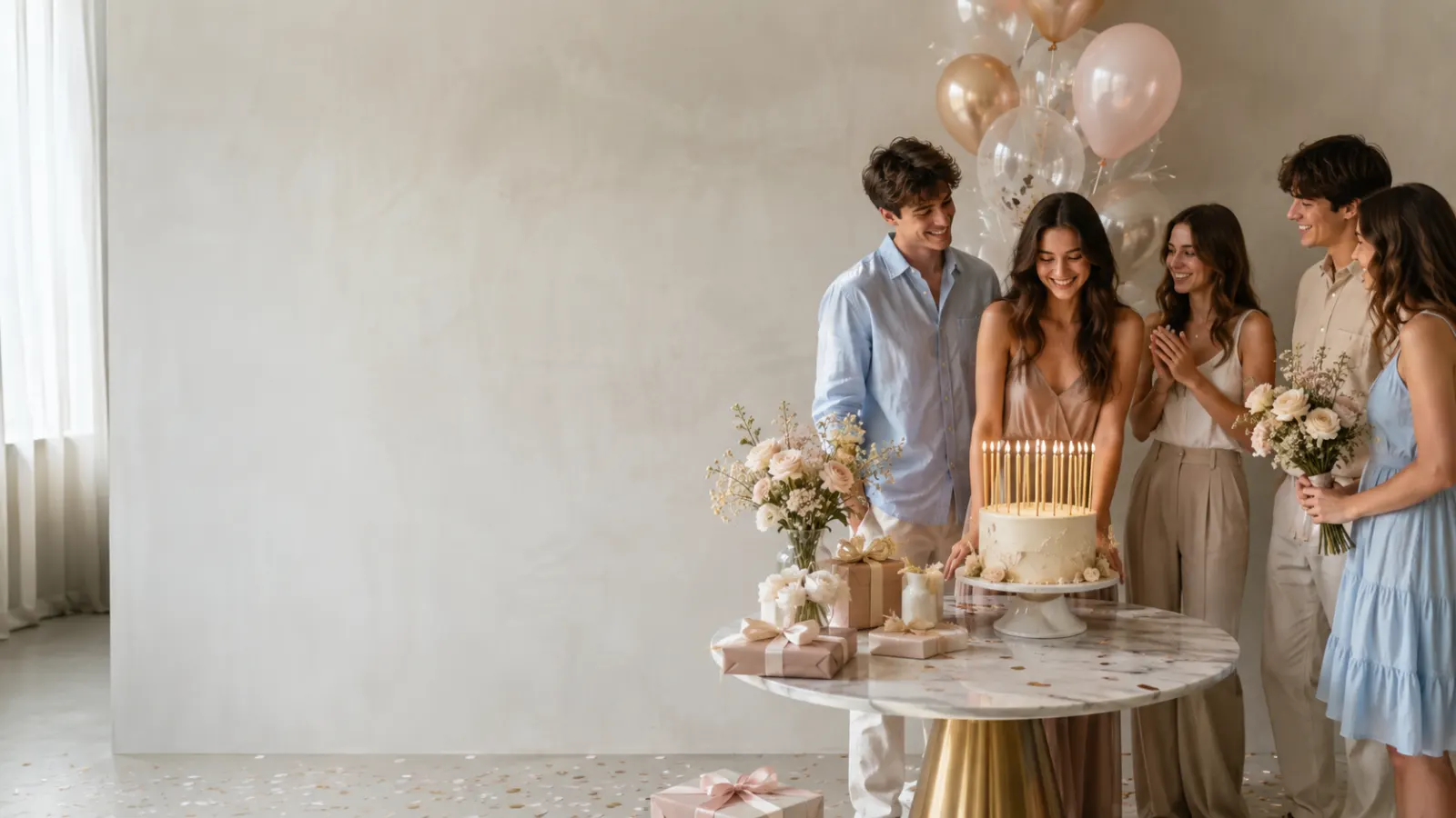 Elegant 18th birthday celebration with a candlelit cake, balloons, flowers, gifts, and friends in a modern indoor setting.