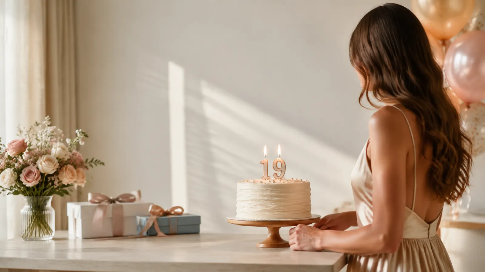 Young woman celebrating her 19th birthday beside a cake, flowers, balloons, and wrapped gifts in a softly lit modern room.