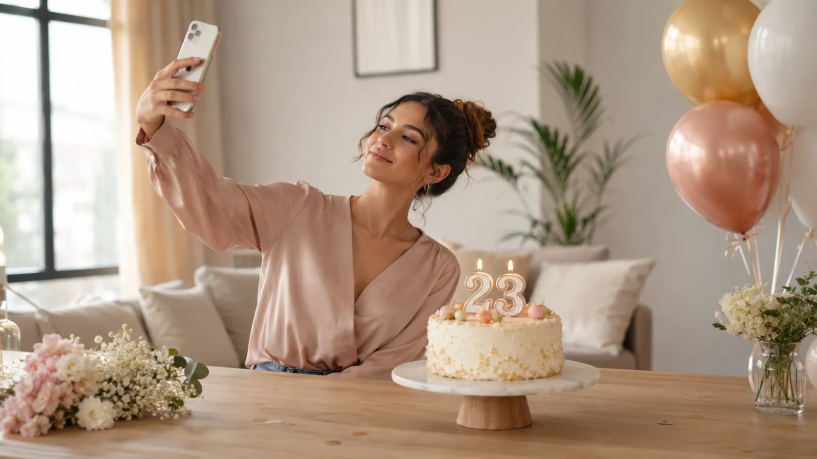 Stylish woman celebrating her 23rd birthday beside a cake with 23 candles and gold balloons.