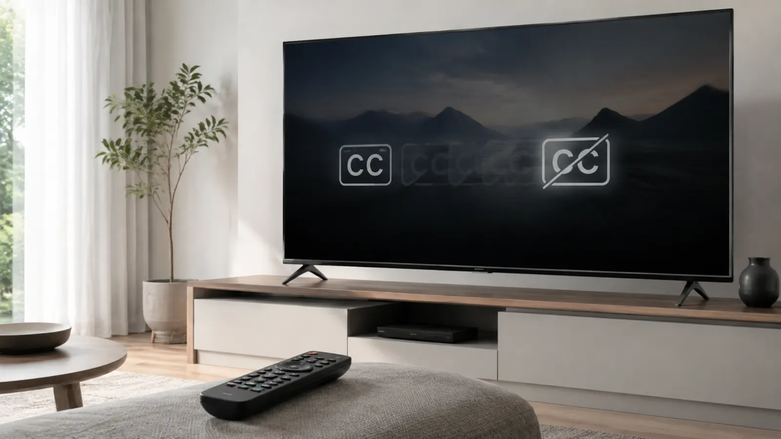 Modern television displaying a closed caption control being switched off, with a remote in a softly lit living room.