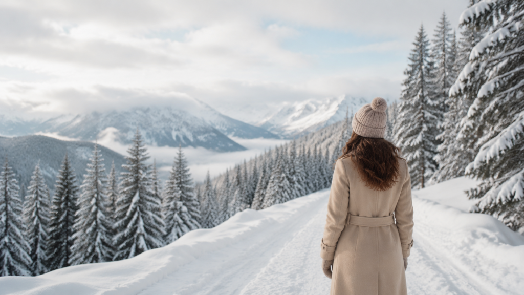 Person in a beige winter coat standing on a snowy mountain path surrounded by frosted pine trees.