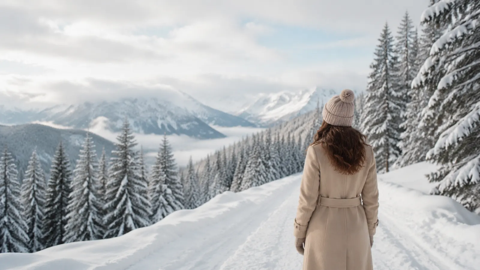 Person in a beige winter coat standing on a snowy mountain path surrounded by frosted pine trees.