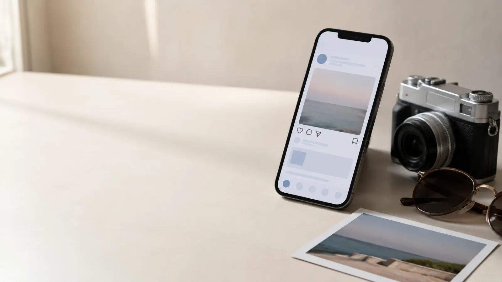 Smartphone displaying a generic social media interface beside a camera, sunglasses, and travel photo on a minimalist desk.
