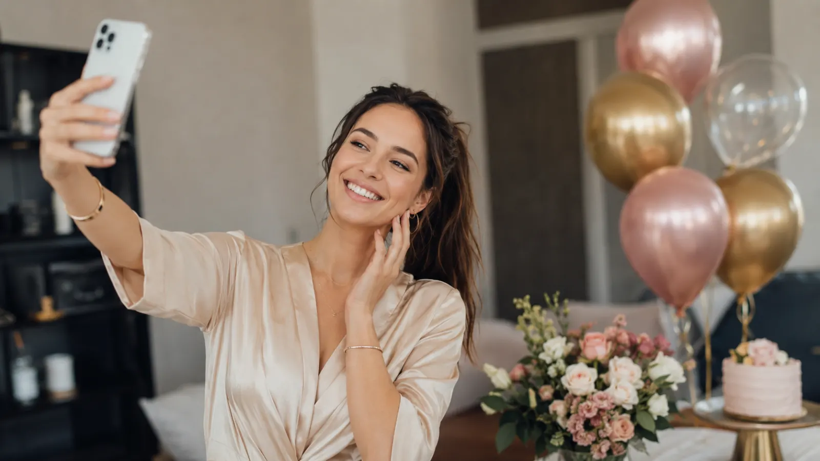 Woman taking a cheerful selfie beside balloons, flowers, and a birthday cake at an elegant 26th birthday celebration.