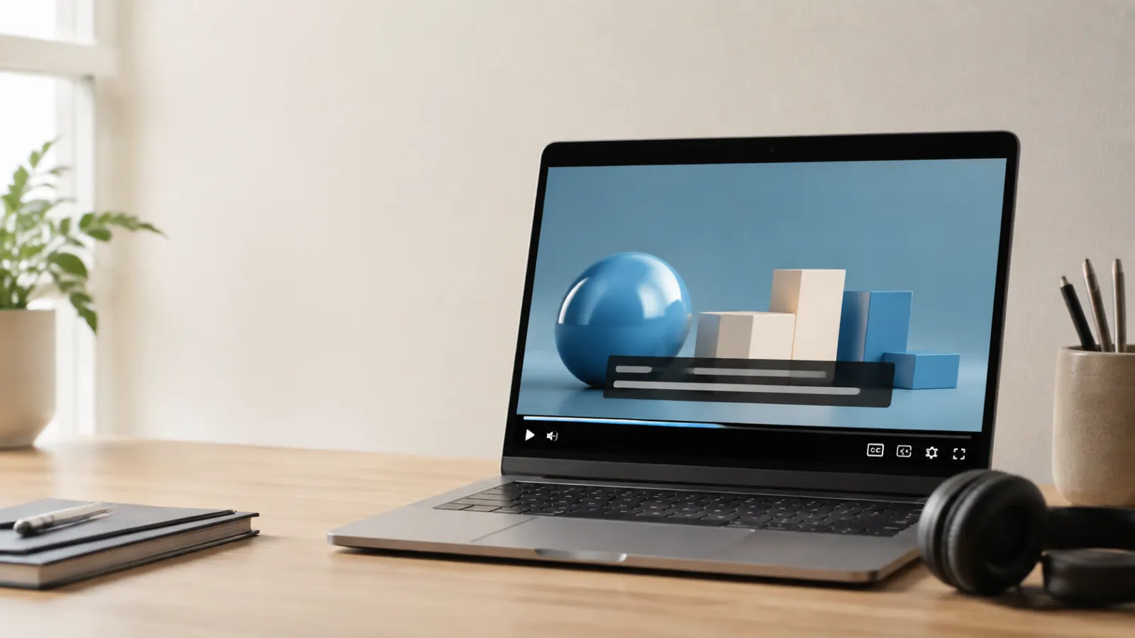 Laptop displaying an online video with closed captions on a minimal home desk.