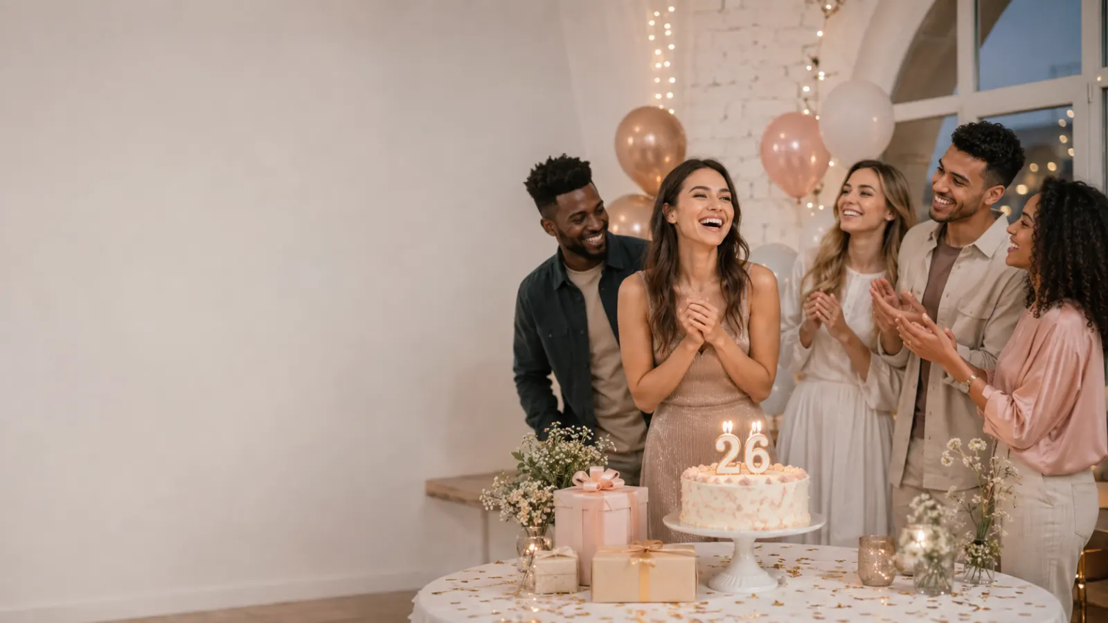 Five friends share photos and laugh around a cake with 26 candles during a warm birthday celebration.