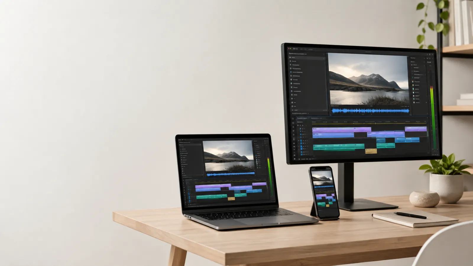 Modern video editing workspace with a laptop, smartphone, and desktop monitor displaying caption timelines and audio waveforms.