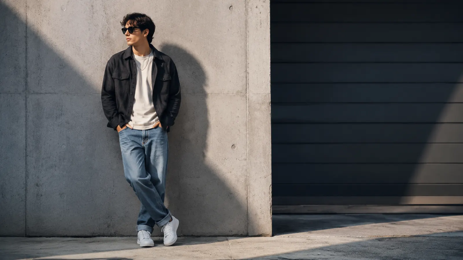 Stylish young adult posing confidently beside modern urban architecture in soft daylight, with generous negative space for a blog heading.