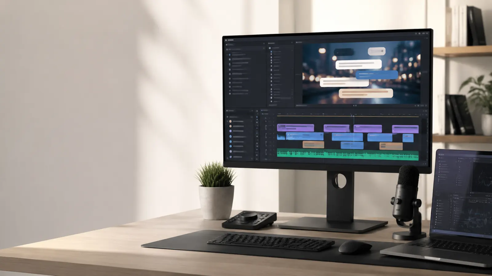Modern video editing workspace with a desktop monitor showing a generic timeline, animated caption blocks, and audio waveforms beside a laptop, microphone, and keyboard.