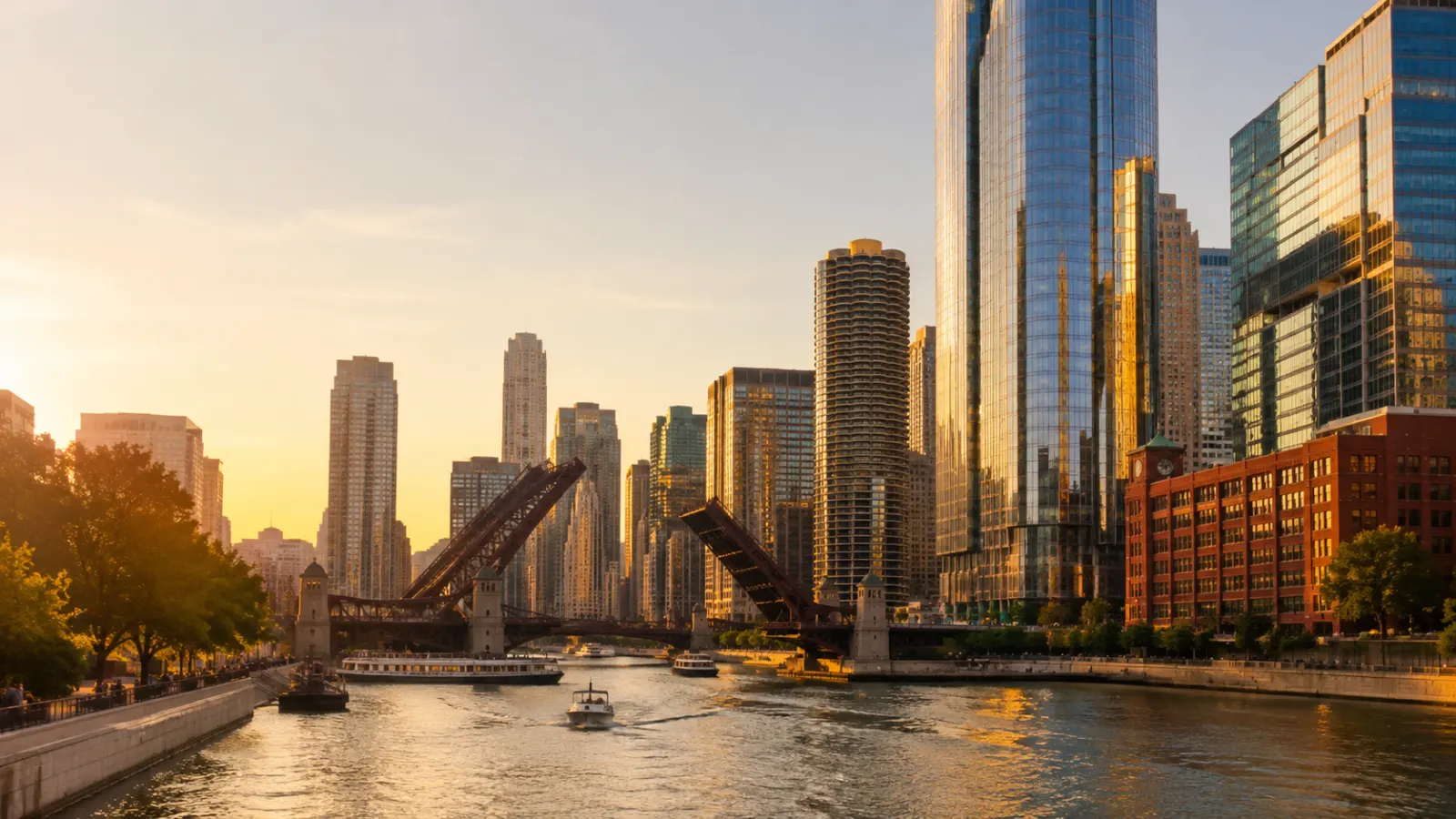 Chicago River and downtown skyline glowing during golden hour