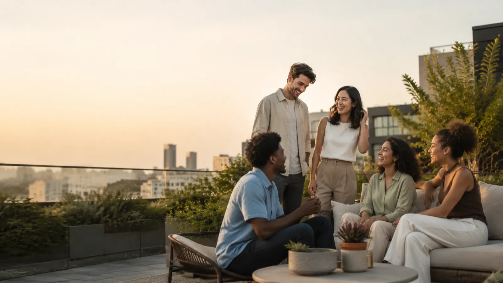 Diverse group of friends laughing together on a rooftop garden during golden hour.