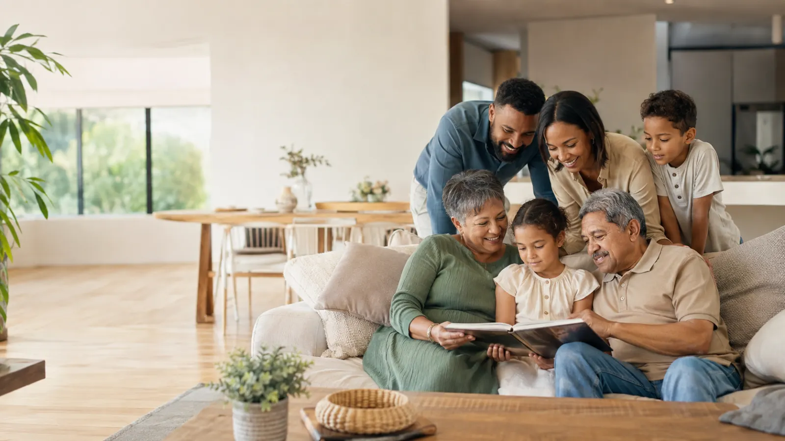 Multigenerational family looking through a photo album together in a bright modern living room.