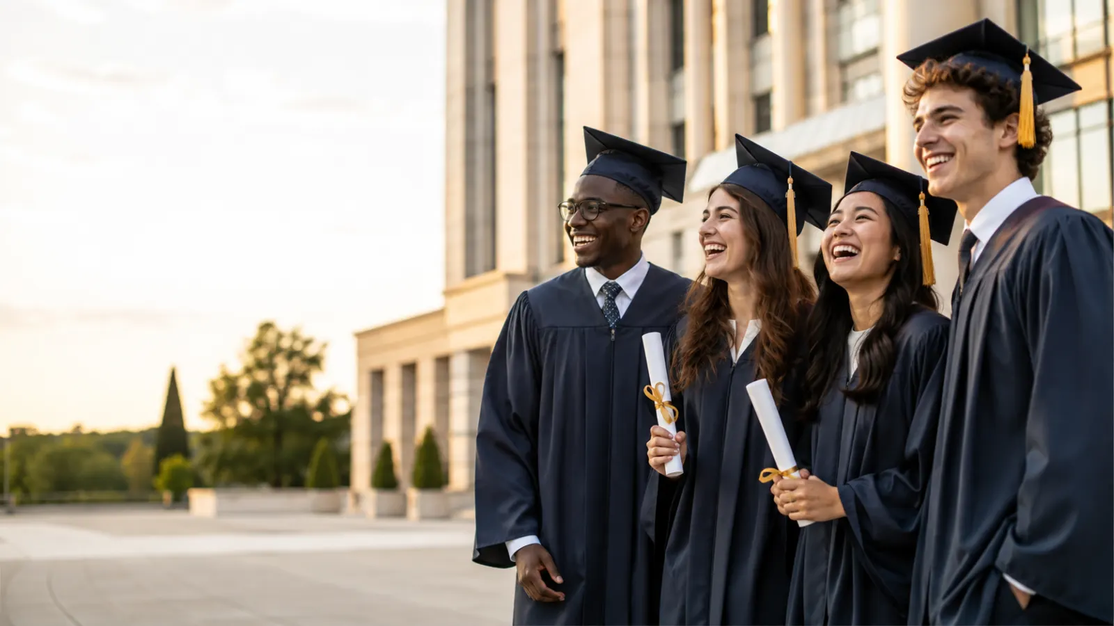 Diverse graduates celebrating together outside a university building at golden hour.