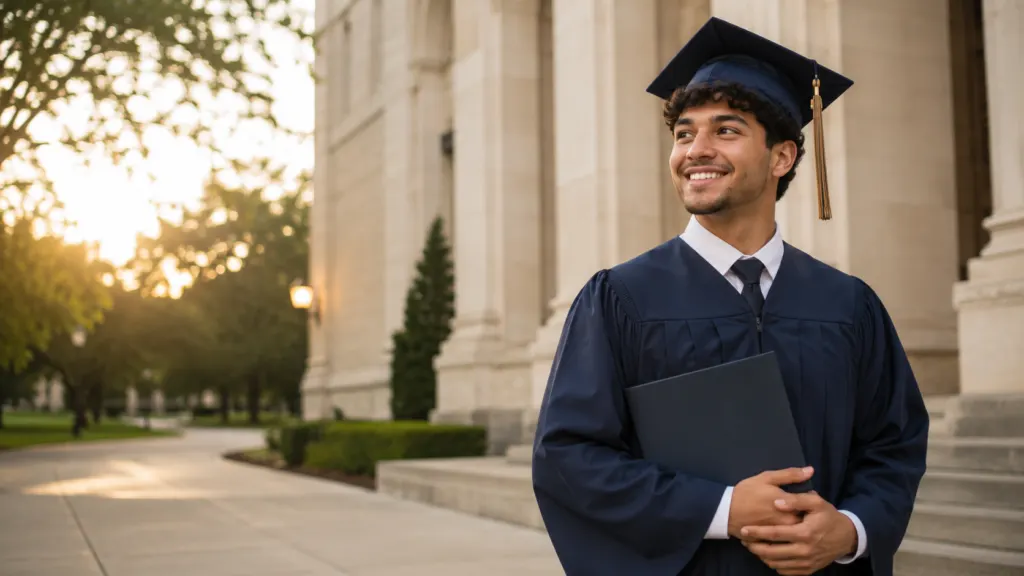 College graduate in a navy cap and gown holding a diploma on a university campus at golden hour.