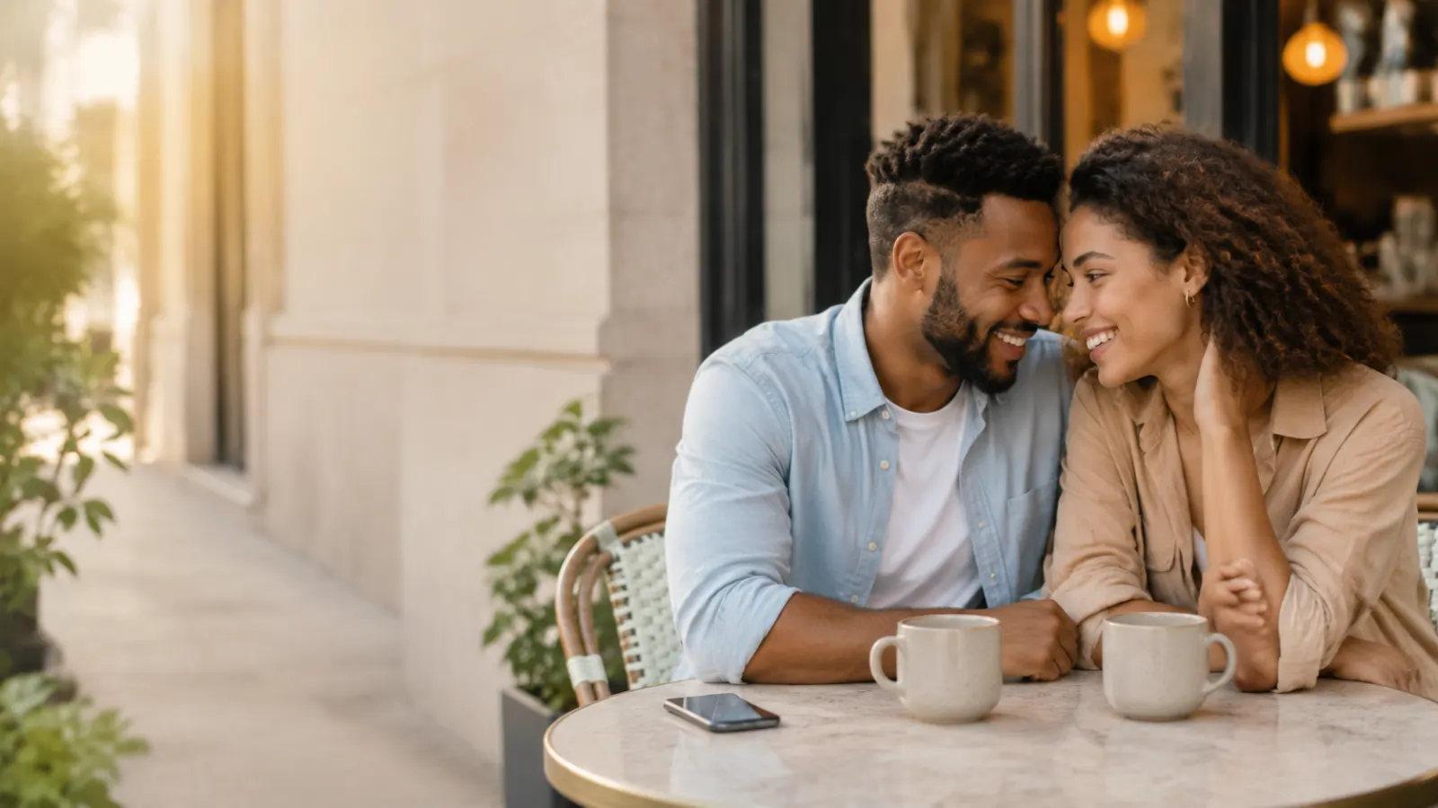 Happy couple sharing a relaxed moment at a stylish outdoor café, with warm natural light and space for a blog heading.